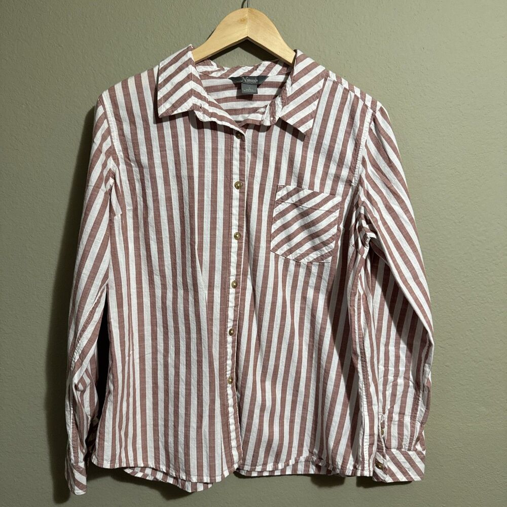 Natural Reflections Mauve White Stripe Button Up Shirt Cotton Top Coastal Sz L
